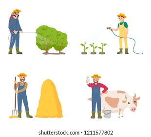 Farmer people with animal isolated icons set vector. Spraying of bushes with insecticides, putting hay on bale. Woman watering plant and man with cow