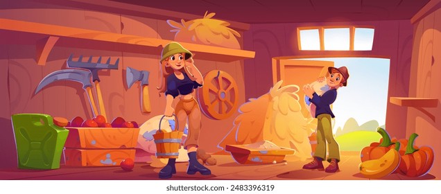 Farmer people in barn interior with hay stack and agriculture tools, pumpkin harvest and apples in chest. Man and woman in farm house inside with wooden walls and open gate. Village rustic warehouse.