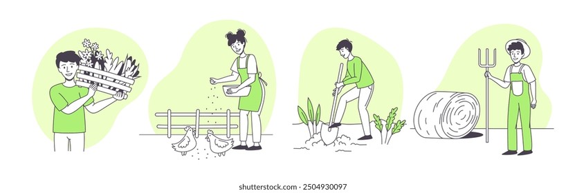 Farmer People Character Doing Agricultural Work Vector Set
