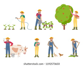 Farmer people with pig and cow vector. Isolated icons of farmers on land watering plants and spraying with chemical liquid. Feeding animals livestock