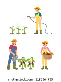 Farmer people watering plants and vegetables isolated icons set vector. Woman with hose and man with can, female with basket full of fresh veggies