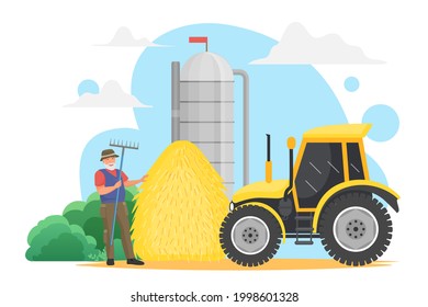 Farmer People Work In Village, Grain Harvest Agriculture Technology Vector Illustration. Cartoon Happy Elderly Man Worker Character Holding Pitchfork, Standing Near Farm Silo Tank Storage And Tractor