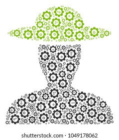 Farmer Person composition of mechanical wheels. Vector cog wheel elements are combined into farmer person figure.