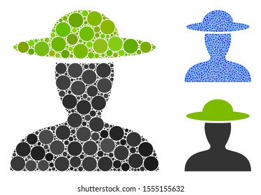 Farmer person composition of spheric dots in various sizes and color tints, based on farmer person icon. Vector round dots are composed into blue composition.