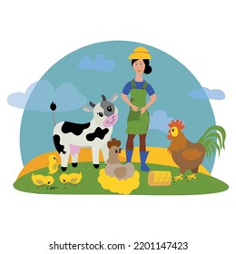 Farmer and pets on a rural background. cow, chicken, rooster, chickens.Vector illustration.