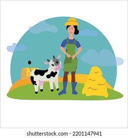 Farmer and pets on a rural background. Vector illustration.
