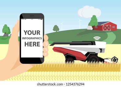 A farmer with phone controls a autonomous harvester on a smart farm.  White screen, you can add your infographic here.