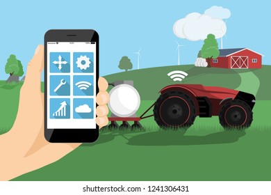 A farmer with phone controls a autonomous tractor on a smart farm. Vector illustration EPS 10