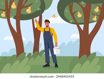 Farmer pick up pears. Man in uniform harvesting yellow fruits. Farming and agriculture. Natural and organic products with vitamins. Rural village occupation. Cartoon flat vector illustration