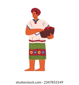 Granjero recogiendo manzanas en cesta, ilustración vectorial plana aislada en fondo blanco. Hombre de civilización maya. Cultura y tradiciones antiguas.