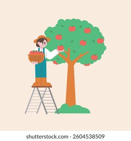Farmer Picking Apples from a Tree with a Basket. Simple and cute illustrations