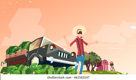 Farmer Picking In Field Watermelon Harvest Flat Vector Illustration