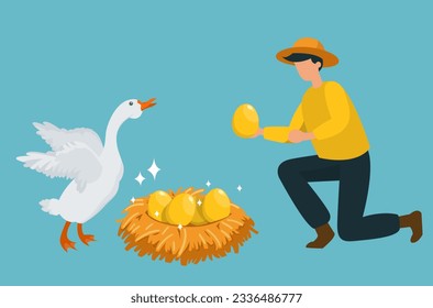 a farmer picking up a golden egg