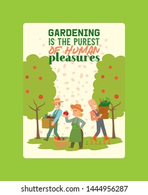 Farmer picking vegetable harvest to baskets and boxes poster vector illustration. Female and male character harvesting from land. Country garden landscape with apple trees.