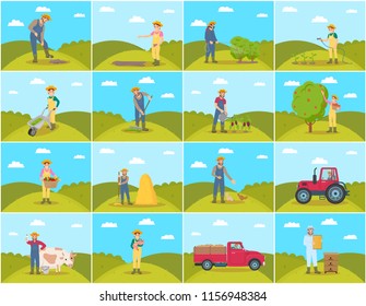 Farmer with pig and cow breeding of domestic animals. Lorry and tractor, seeds sowing by farming woman, Harvesting and compost fertilizing set vector
