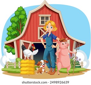 Farmer with pig, dog, and chicken