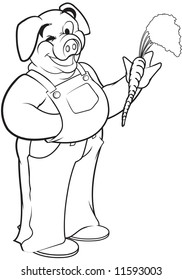 farmer pig holding a carrot, original vector illustration