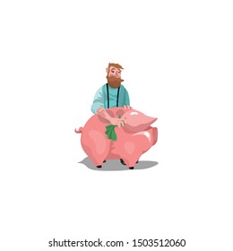 Farmer with a pig. Raster illustration in flat cartoon style