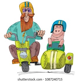 A farmer and piglet ride motorbike with stroller. Funny scene, caricature.  