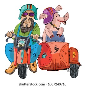 A farmer and piglet ride motorbike with stroller. Funny scene, caricature.  