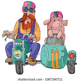 A farmer and piglet ride motorbike with stroller. Funny scene, caricature.  