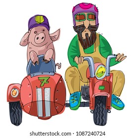 A farmer and piglet ride motorbike with stroller. Funny scene, caricature.  