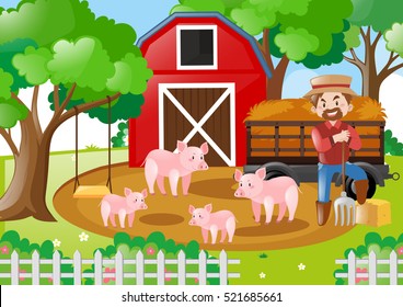 Farmer and pigs in the field illustration
