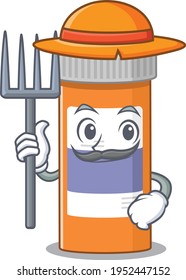 Farmer pills drug bottle mascot design working with a hat. Vector illustration