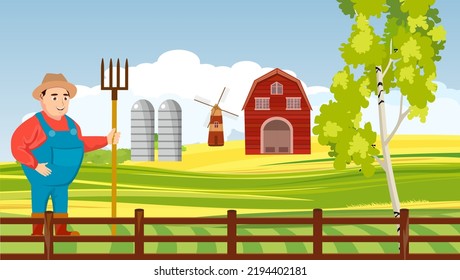 Campesino con pitchfork campiña vectorial