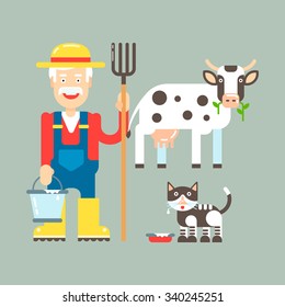 Farmer with pitchfork and cow, cat with milk illustration. Vector illustration and icons.