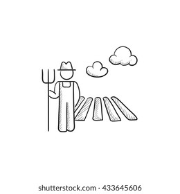Farmer with pitchfork at field sketch icon for web, mobile and infographics. Hand drawn farmer icon. Farmer vector icon. Farmer icon isolated on white background.