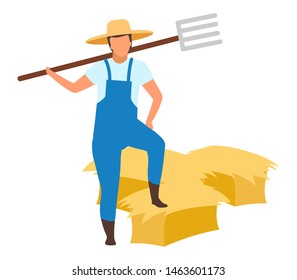 Farmer with pitchfork flat vector character. Autumn harvest concept on white background. Farm worker standing with hay bales, haystacks. Agricultural work. Hay harvesting isolated cartoon illustration