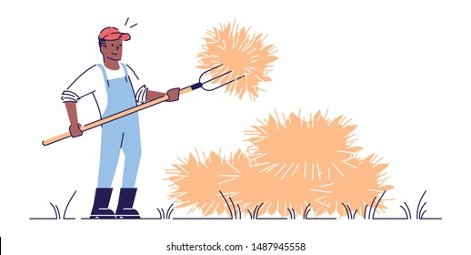 Farmer with pitchfork flat vector character. Autumn harvest isolated concept with outline. African american farm worker making haystacks. Agricultural work. Hay harvesting  cartoon illustration