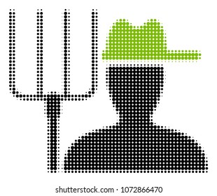 Farmer With Pitchfork halftone vector icon. Illustration style is dotted iconic Farmer With Pitchfork icon symbol on a white background. Halftone texture is round pixel.