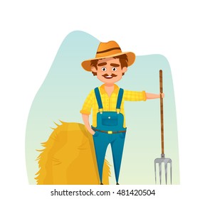 Farmer with pitchfork.  isolated. vector illustration