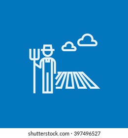 Farmer with pitchfork line icon.