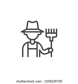 Farmer with pitchfork line icon. linear style sign for mobile concept and web design. Gardener with rake outline vector icon. Agriculture, Farming and Gardening symbol logo illustration. Pixel perfect