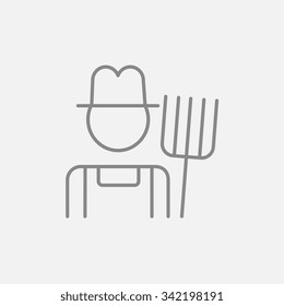 Agricultor con icono de línea de horquilla para web, móvil e infografía. Icono vector de gris oscuro aislado en fondo gris claro.