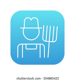 Farmer with pitchfork line icon for web, mobile and infographics. Vector white icon on the blue gradient square with rounded corners isolated on white background.