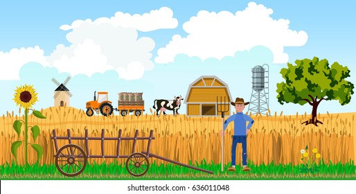 Farmer with pitchfork on farm background. Vector illustration