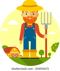 Farmer with pitchfork on farm garden background