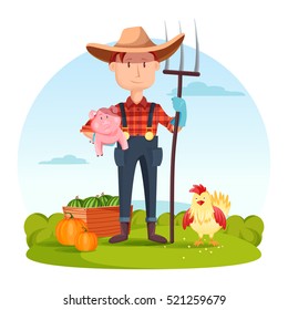 Farmer with pitchfork and pork, vegetables and hen. Field with rural man near watermelon and pumpkin, village or countryside human, redneck or cartoon character, gardener person.