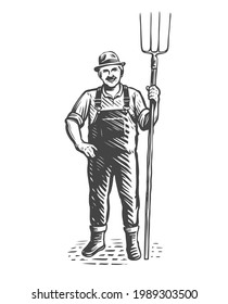 Bauer mit Pitchfork-Skizze. Landwirtschaft, Bauernkonzept. Vintage-Vektorgrafik