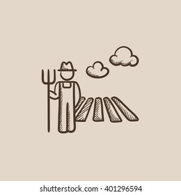 Farmer with pitchfork sketch icon.