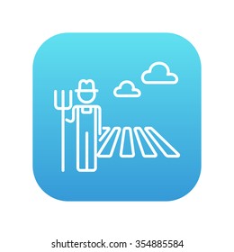 Farmer with pitchfork standing on the field line icon for web, mobile and infographics. Vector white icon on the blue gradient square with rounded corners isolated on white background.