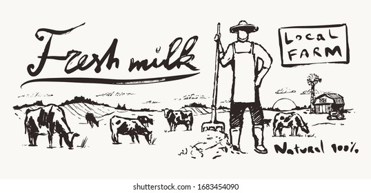 Farmer with a pitchfork stands in the meadow. The cows graze in the meadow. Label for dairy products. Hand drawn vector illustration, sketch