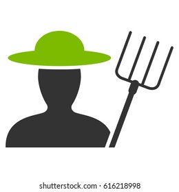 Farmer With Pitchfork vector icon. Flat bicolor eco green and gray symbol. Pictogram is isolated on a white background. Designed for web and software interfaces.