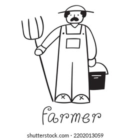 Farmer with pitchfork. Vector outline icon. Illustration on white background.