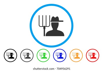 Farmer With Pitchfork vector rounded icon. Image style is a flat gray icon symbol inside a blue circle. Additional color versions are grey, black, blue, green, red, orange.