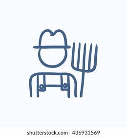 Farmer with pitchfork vector sketch icon isolated on background. Hand drawn Farmer with pitchfork icon. Farmer with pitchfork sketch icon for infographic, website or app.